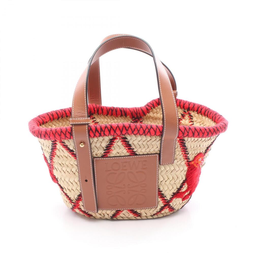 LOEWE Basket Bag Handbag Leather Raffia Beige Brown Red